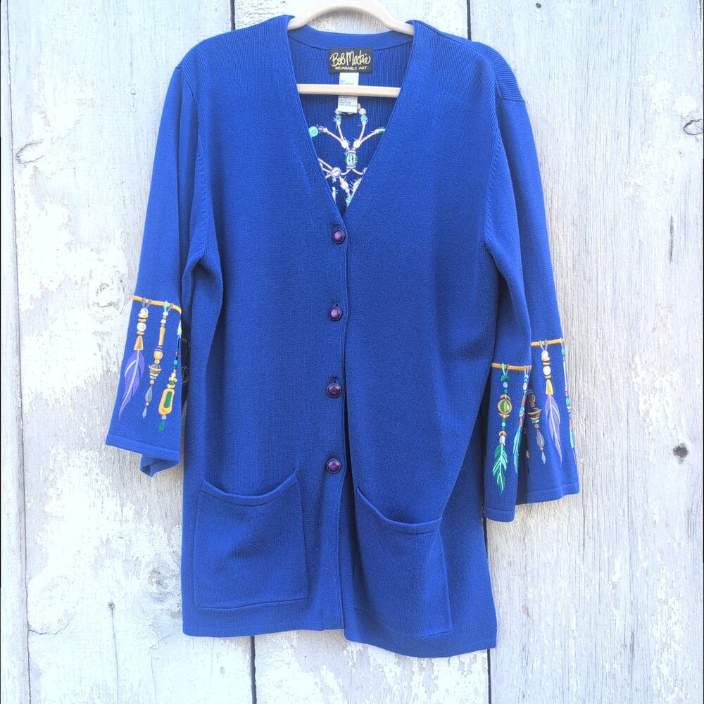 Vtg Bob Mackie WearableArt Native American Feather Embroidered Sweater Women's L